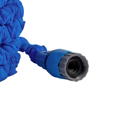 Blue expanding hose fitting end with gray collar and visible internal threads