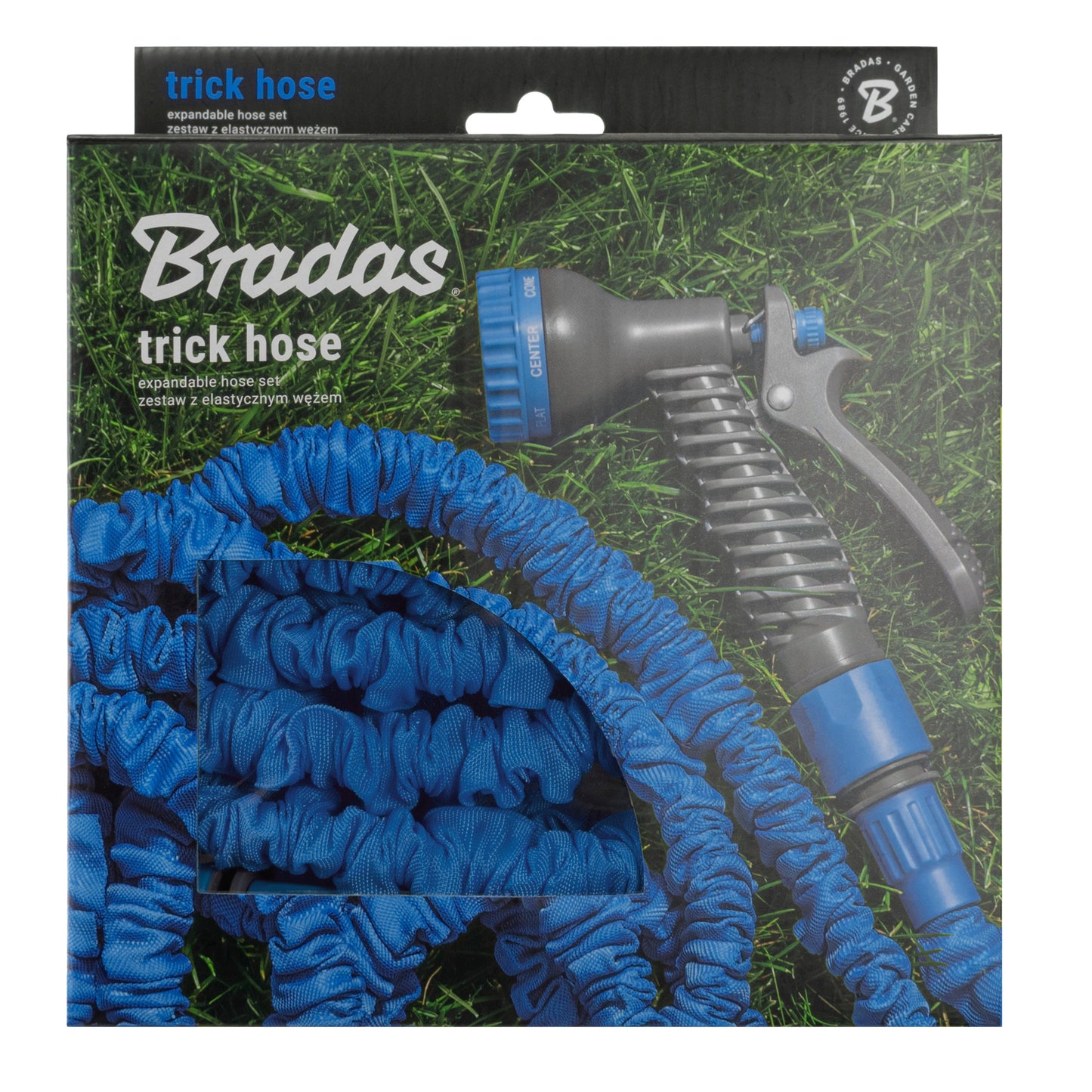 Bradas trick hose packaging with blue coiled hose image and watering kit