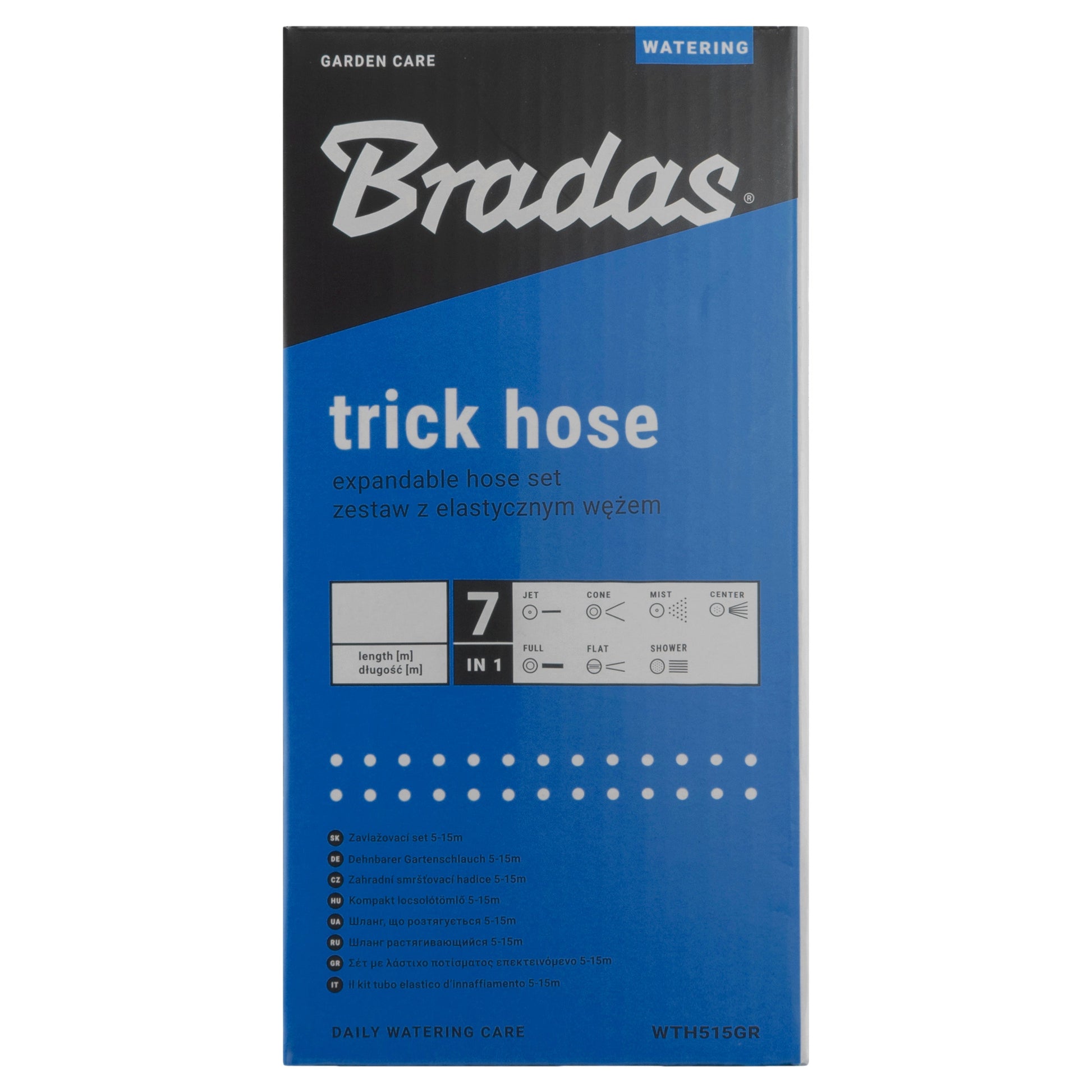 Bradas trick hose box showing 7 spray modes and length range details