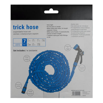 Blue expanding trick hose set, coiled hose and spray gun shown on package