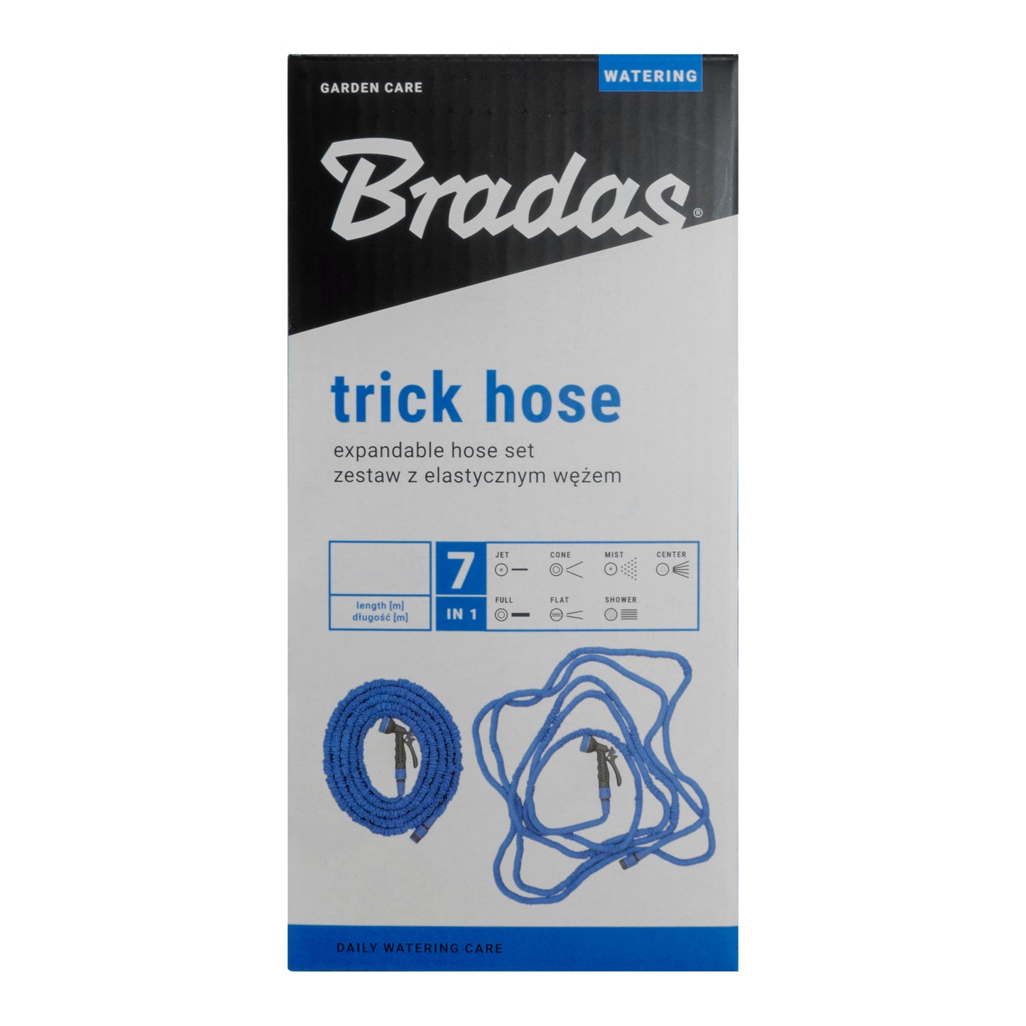 Blue expanding trick hose set box with coiled hose and spray-gun connectors