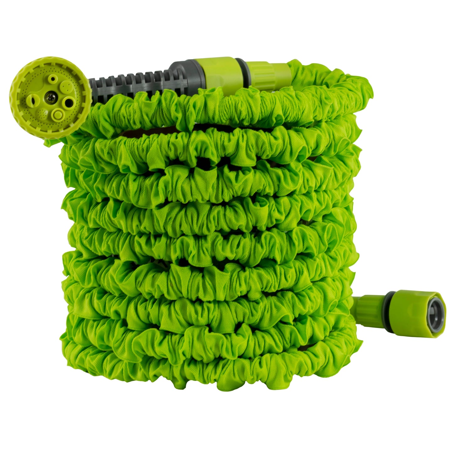Lime expandable trick hose coil with multi-spray head and green hose connector