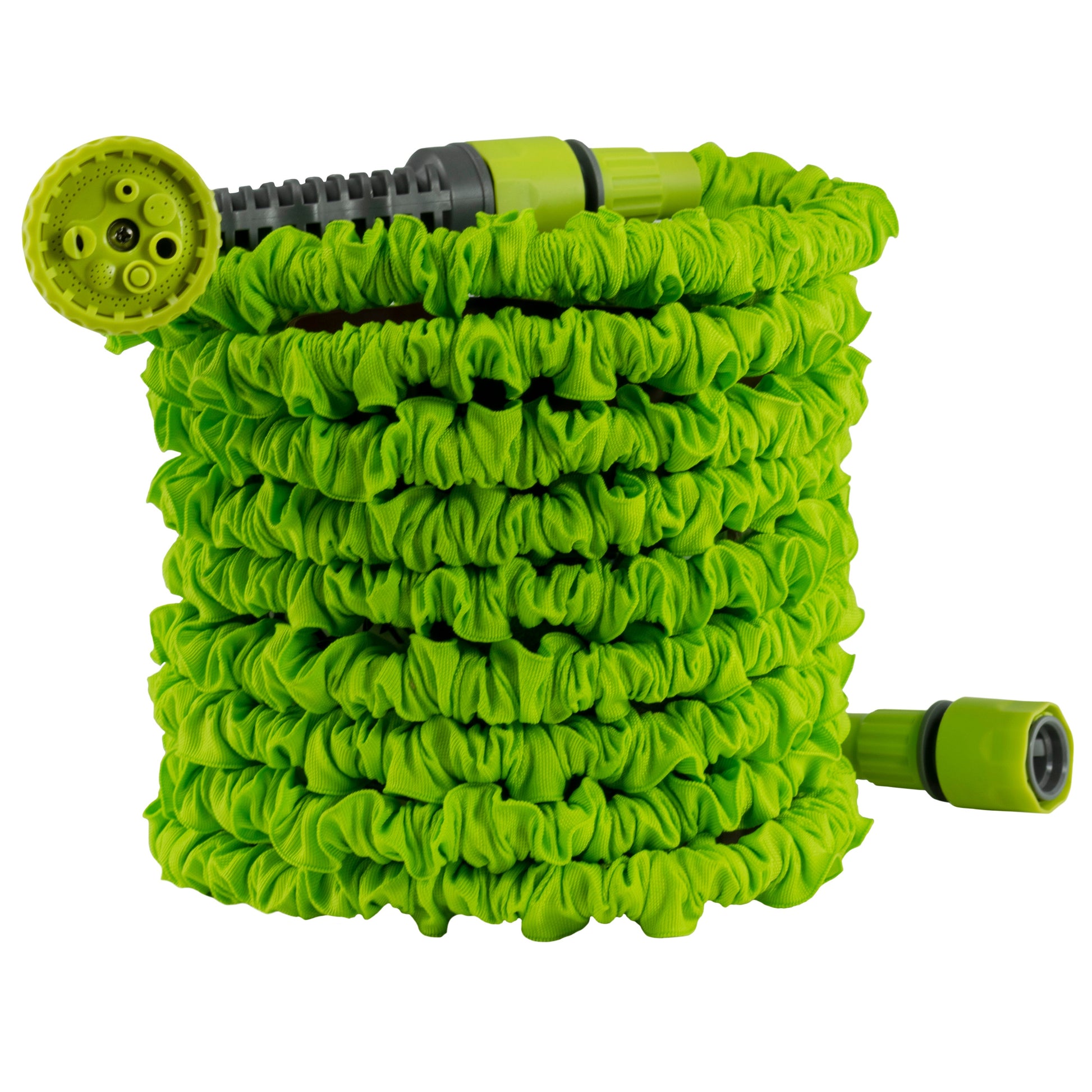 Lime expandable trick hose coil with multi-spray head and green hose connector