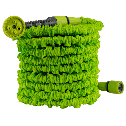 Lime expandable trick hose coil with multi-spray head and green hose connector