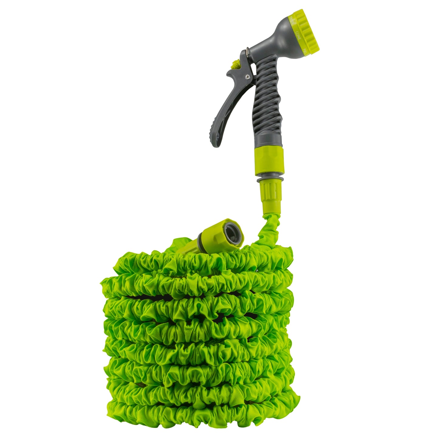 Lime expanding garden hose coiled with spray gun attached