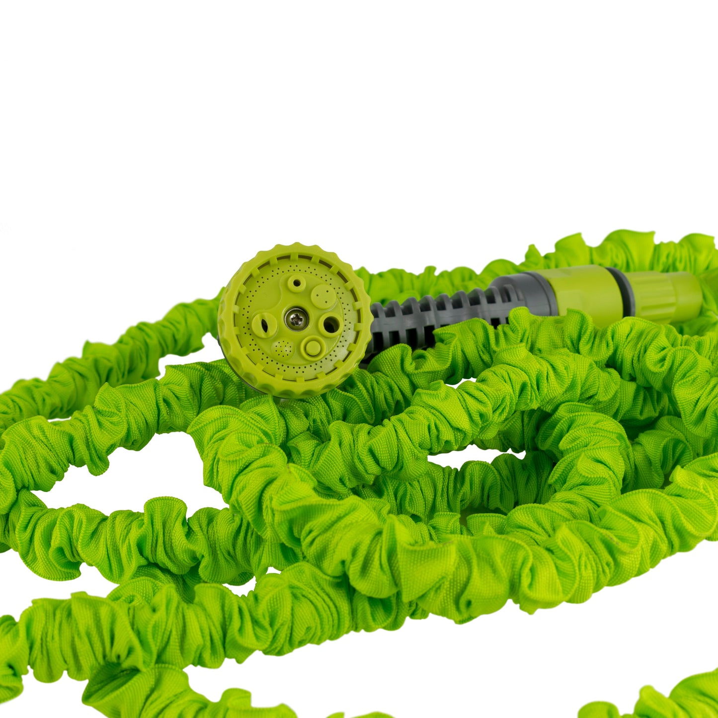Lime expanding garden hose with sprinkler head and ribbed connector