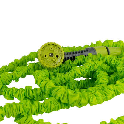 Lime expanding garden hose with sprinkler head and ribbed connector