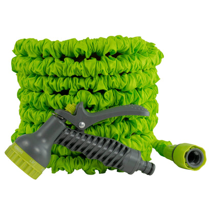 Lime expanding garden hose coil with spray nozzle assembly