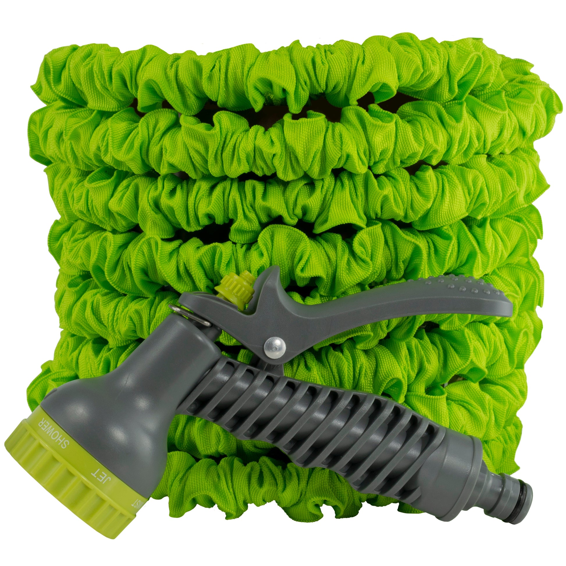 Lime expanding garden hose coil with spray gun handle