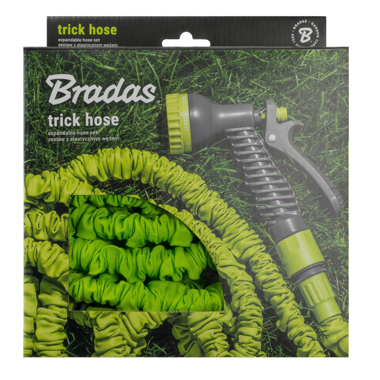 Bradas trick hose set box showing lime expandable hose and spray gun illustration