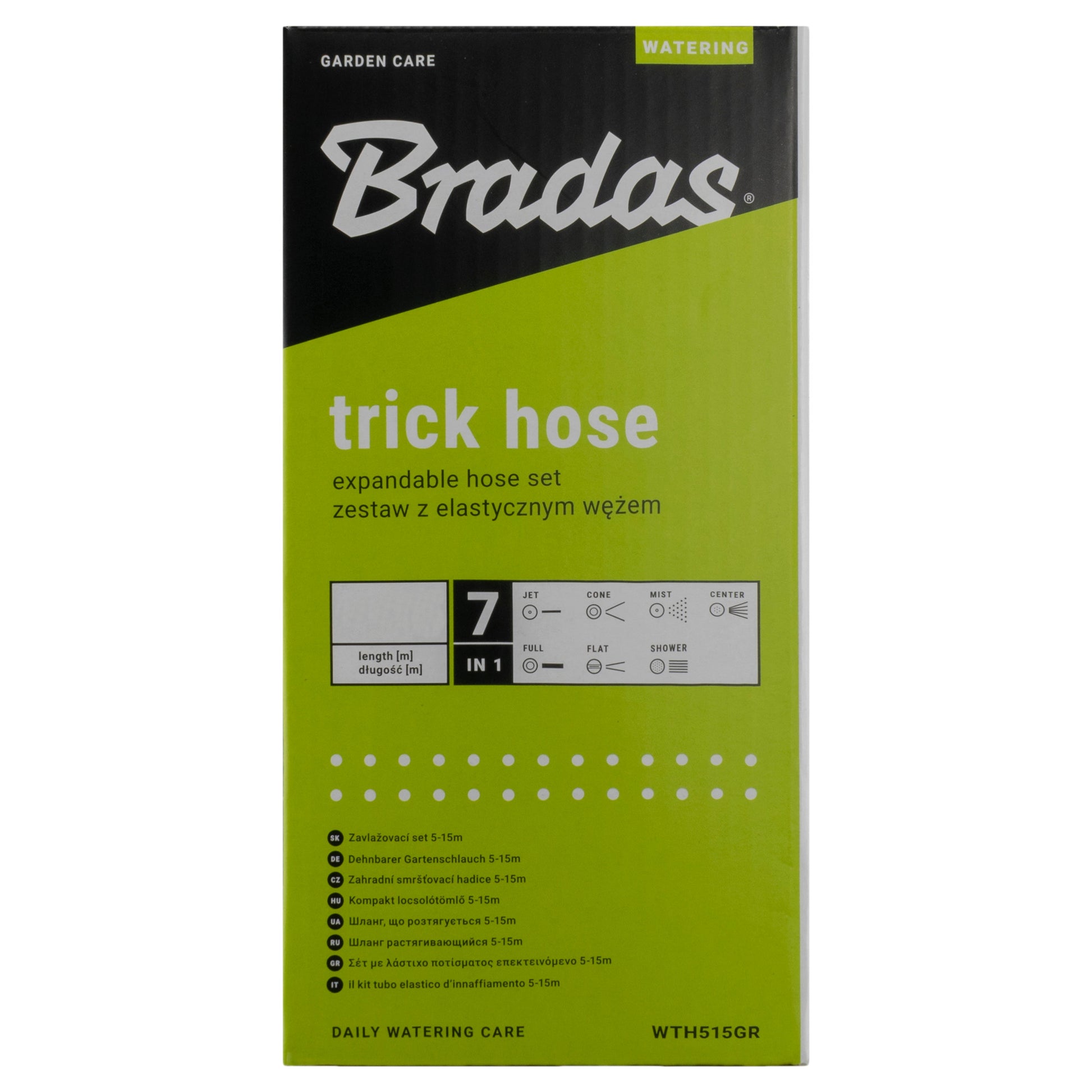 Bradas trick hose box front with watering modes and hose length icons