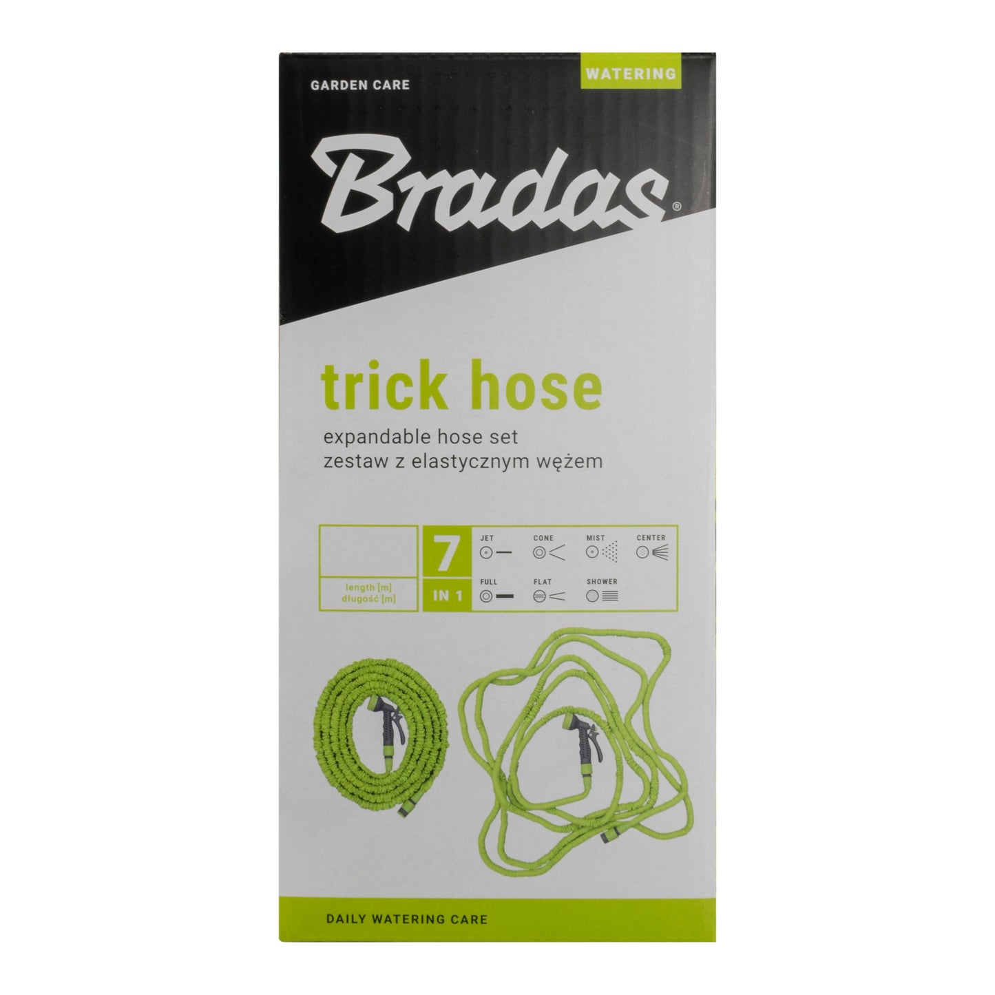 Bradas trick hose set box with lime hose loop and watering kit icons