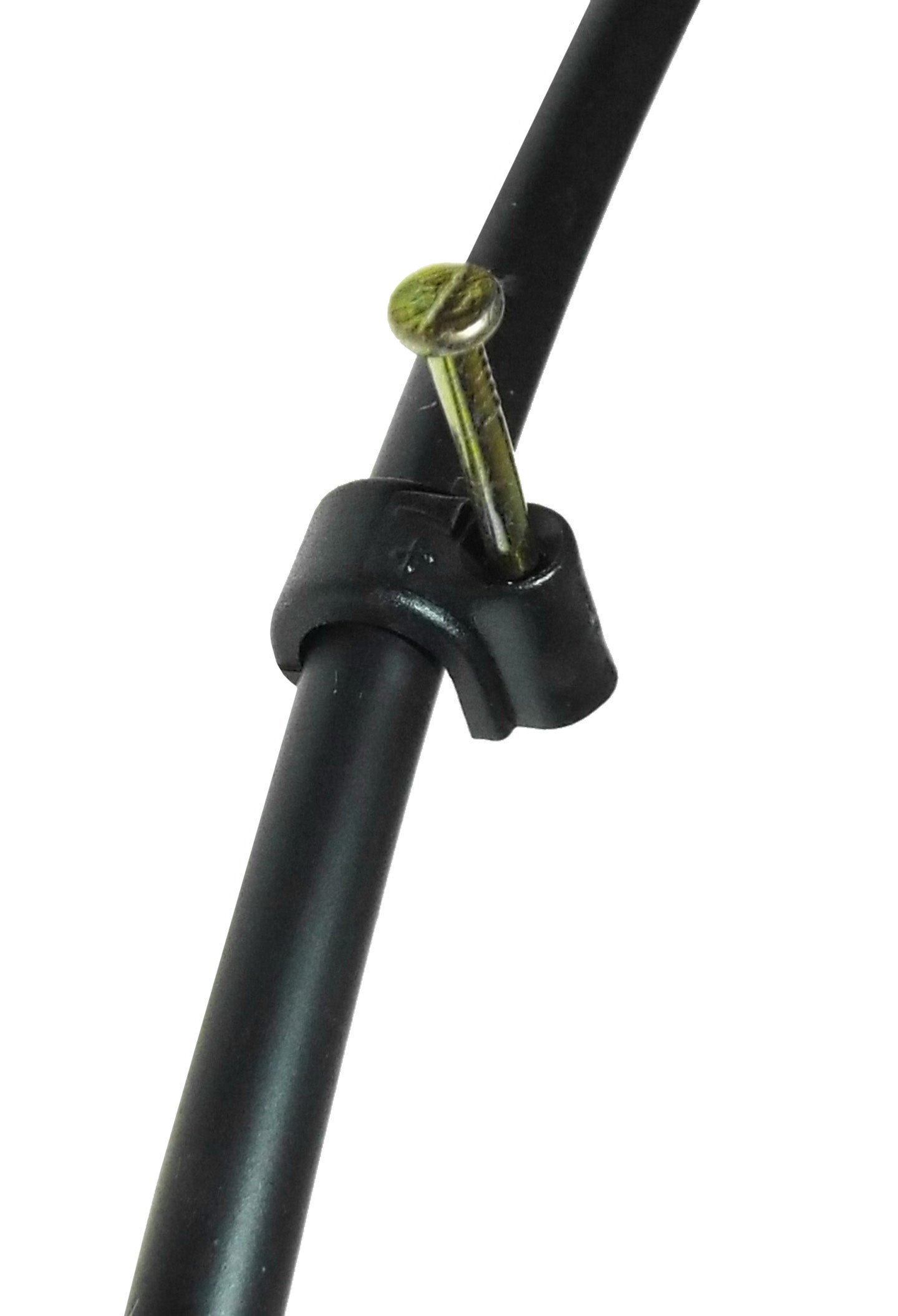 Black 16 mm pipe clip with brass nail, secure wall-mount bracket