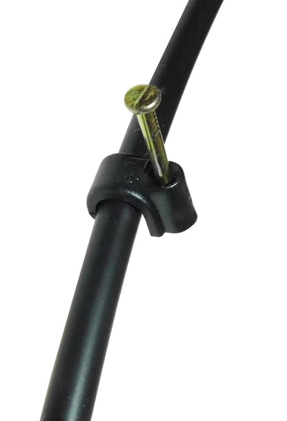 Black 16 mm pipe clip with brass nail, secure wall-mount bracket
