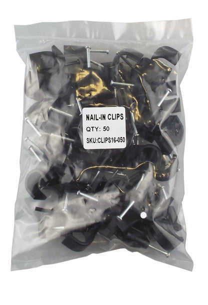16mm irrigation pipe nail-in clips, qty 50, black plastic with metal nail