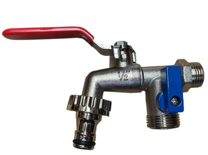 Double garden tap with red lever, blue side shutoff, threaded 1/2" BSP connections