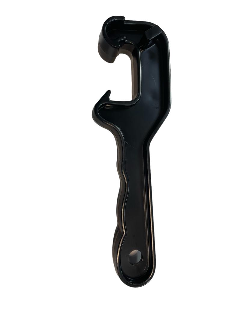 Universal drum opening wrench, black U-shaped head and curved handle, single lever design