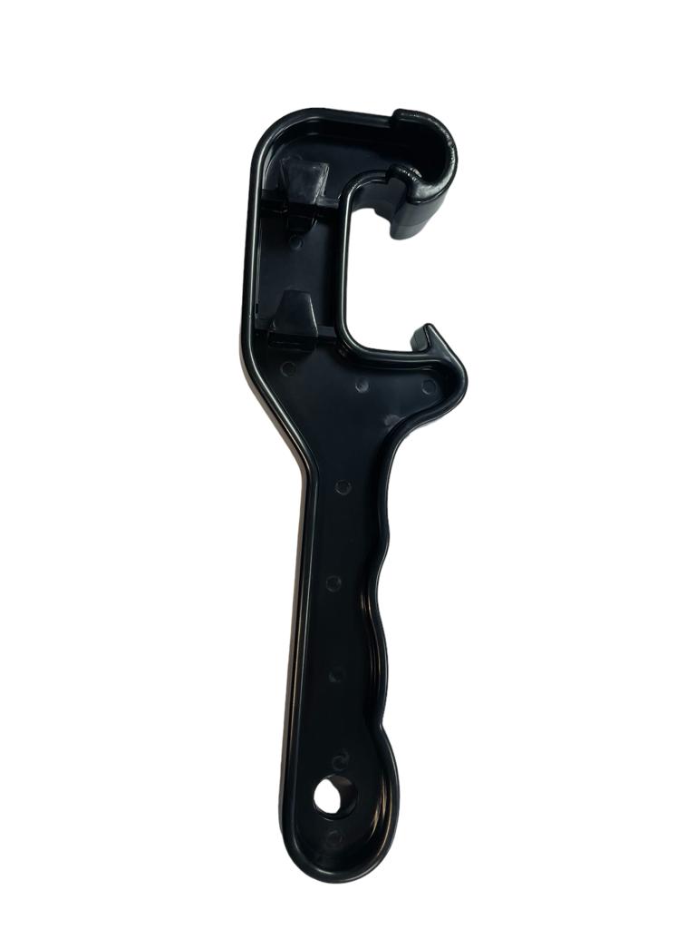 Universal drum wrench with U-shaped head, top notch detail, and grip hole on handle