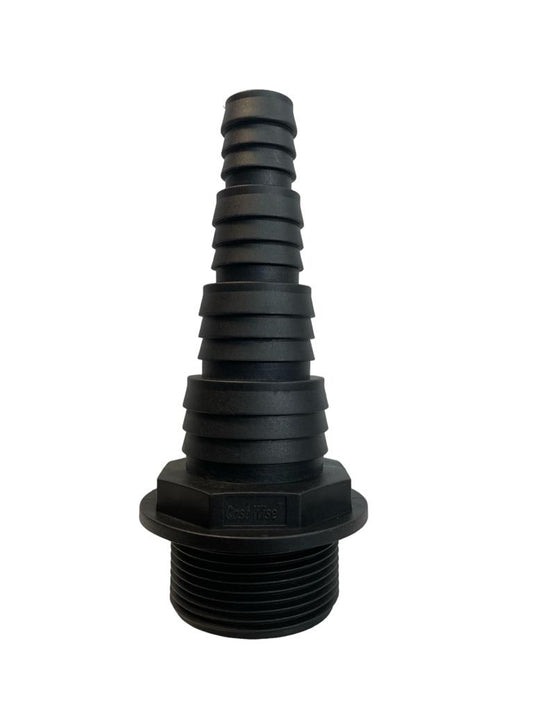 Black pond connector: 1.5" BSPM male thread, ribbed barbed stem