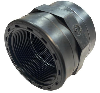 PP Socket 2" BSPF—black plastic threaded pipe fitting, angled view