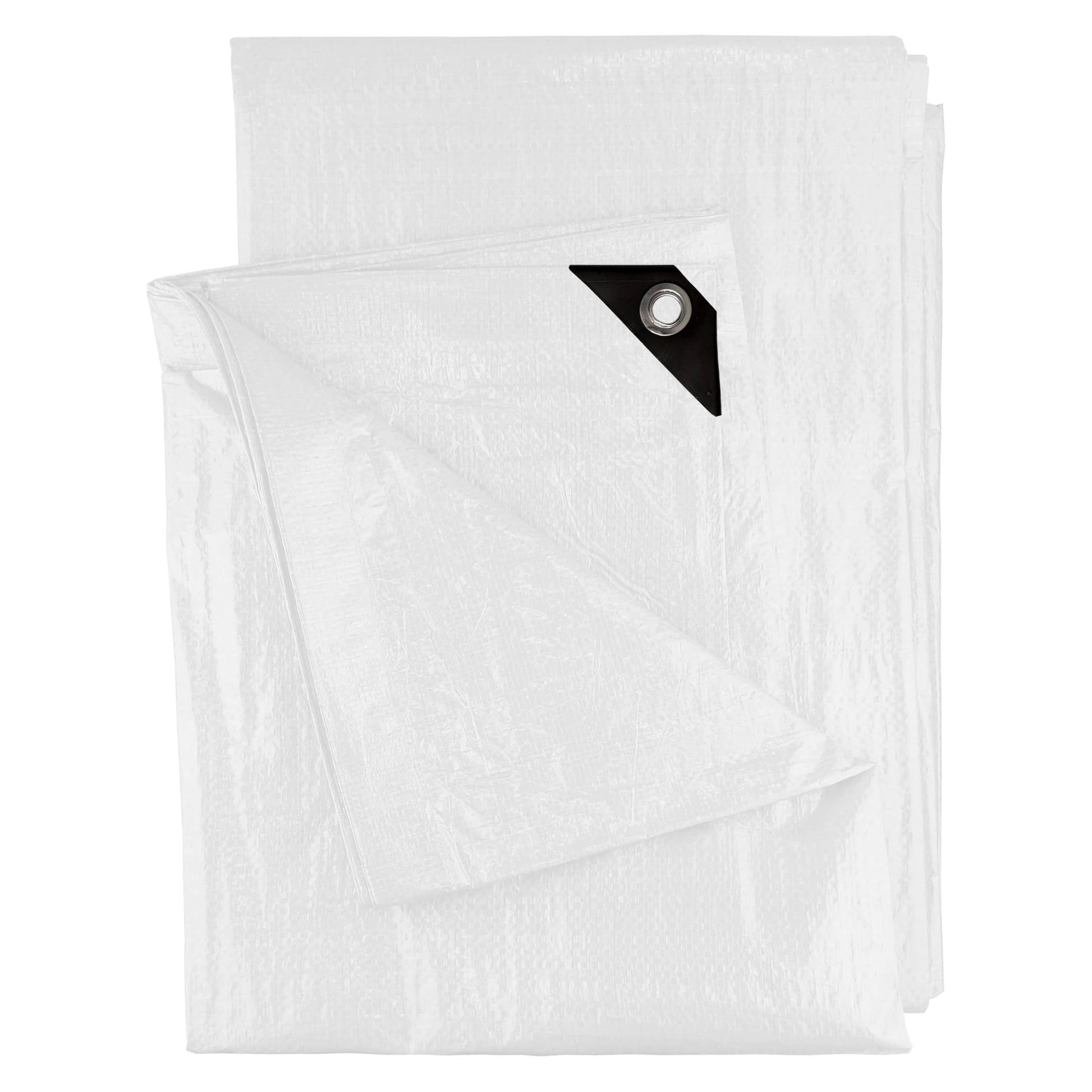 Stacked white M-grade tarpaulin sheets with black reinforced grommet corner