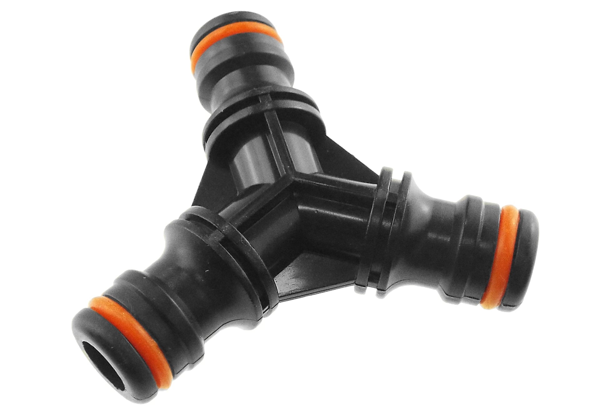 Three-way snap-on male connector, black with orange rings, side view