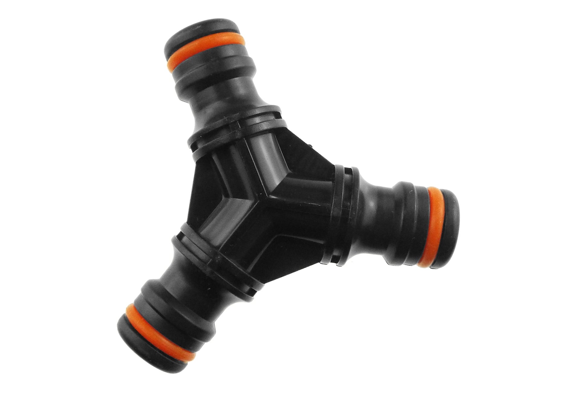 Three-way snap-on male connector, black with orange rings, opposite side view