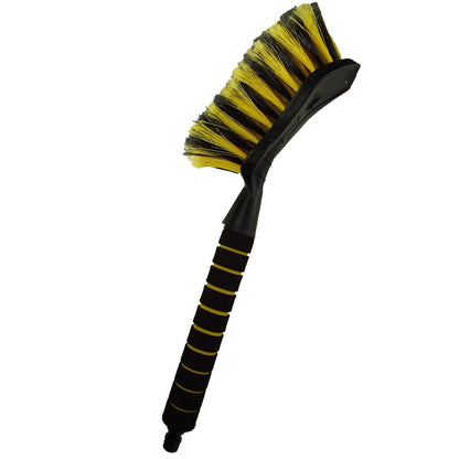 Car cleaning brush with angled black head and yellow/black bristles