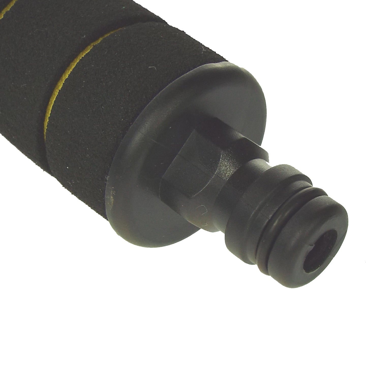 Black-and-yellow striped handle and connector end of car brush