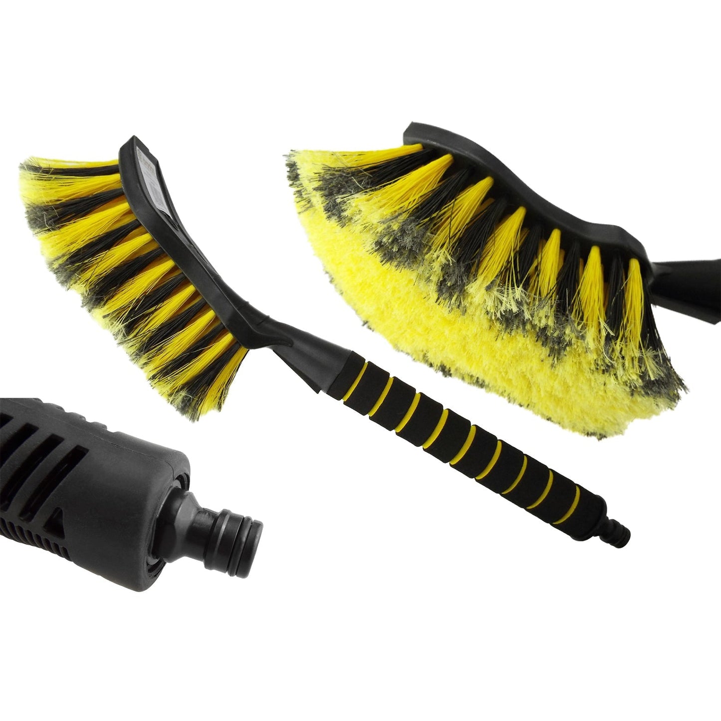 Pair of yellow car cleaning brushes with black handles and bristles