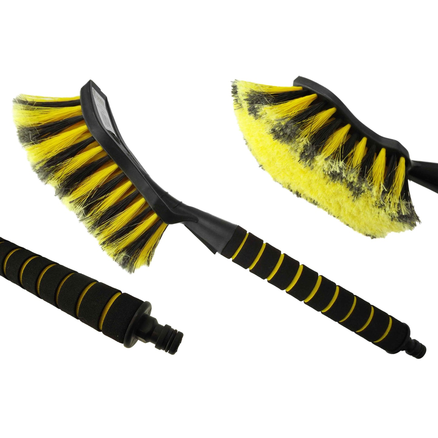 Two car cleaning brushes with yellow bristles, black striped handles