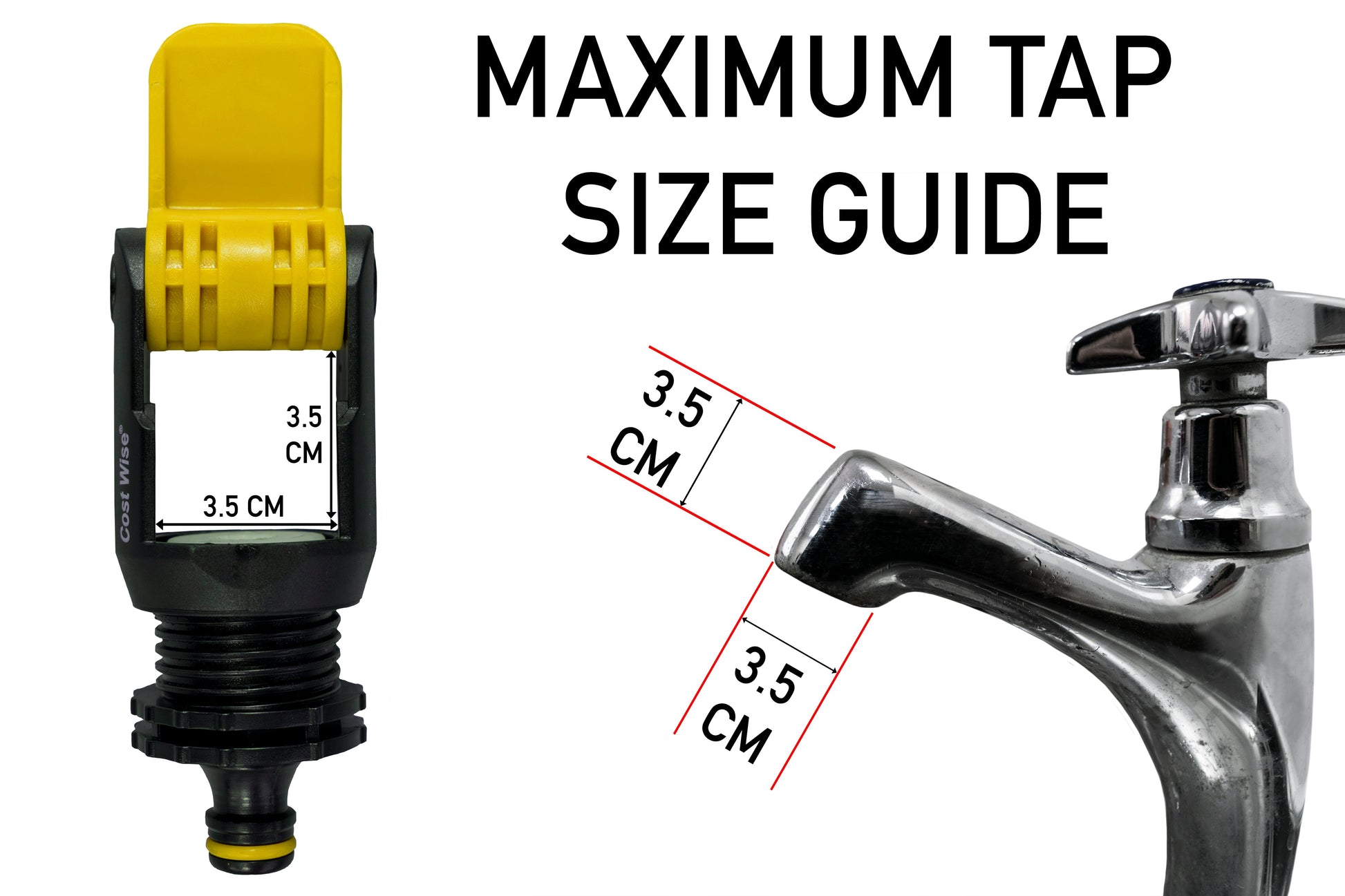 Kitchen tap adaptor showing maximum tap size guide measurements and connector