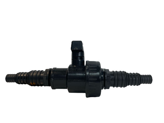 Black full flow single union ball valve with lever handle and barbed hose connectors