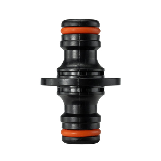 Two-way male snap-on connector joiner, orange and black, straight ports
