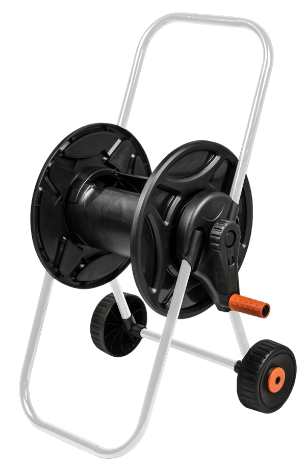 Hose cart reel AG260 with black hose drum, grey frame handle, orange crank grip