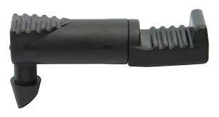 Black 4 mm barb drip emitter with angled outlet and ribbed grip ends