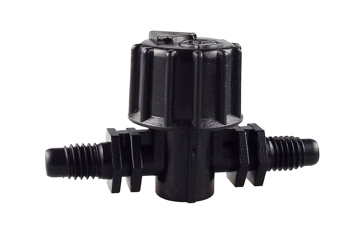Black Vari-Flow valve viewed from front, two 10-32 UNF threaded ports
