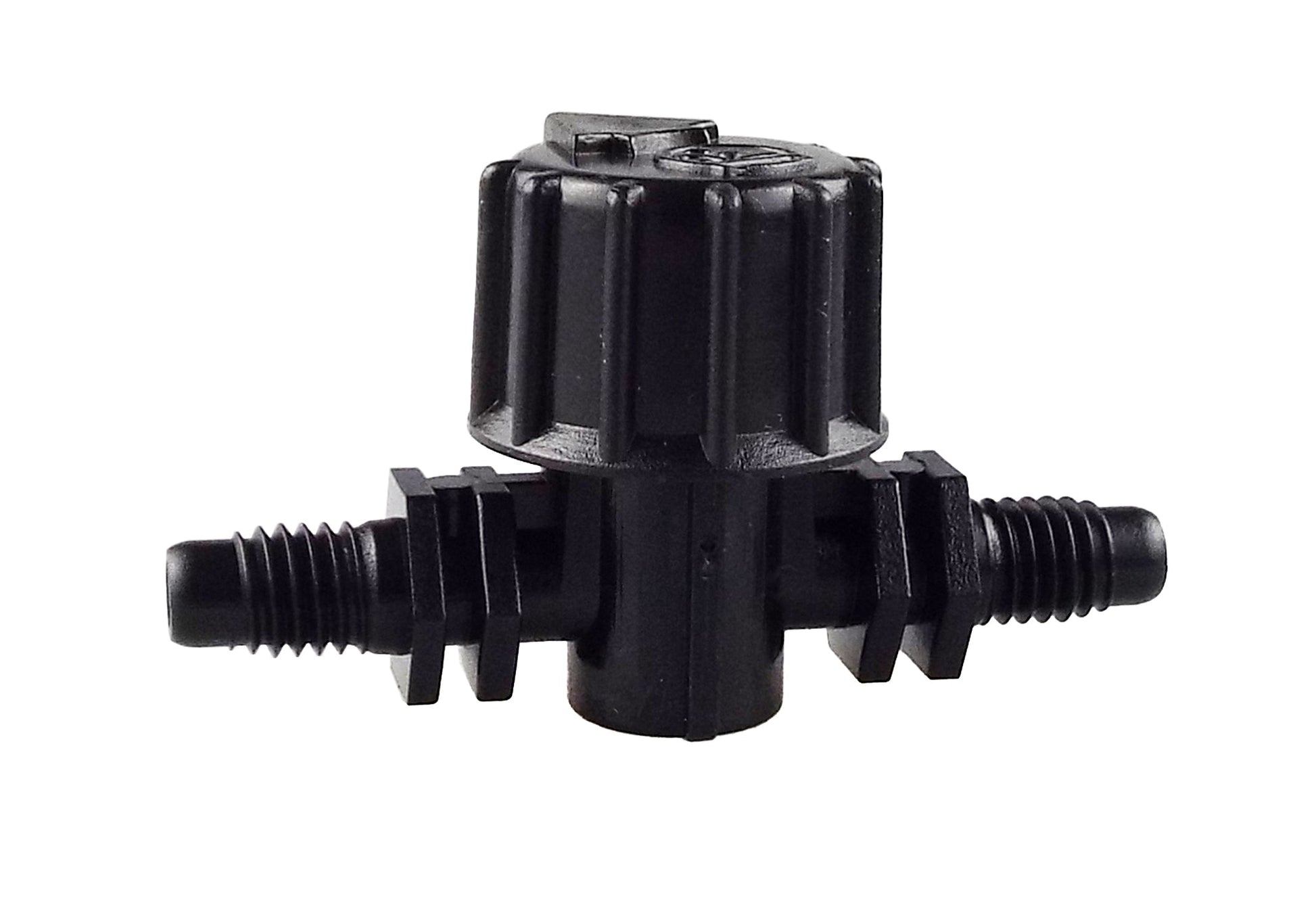 Black Vari-Flow valve viewed from front, two 10-32 UNF threaded ports