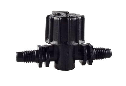 Black Vari-Flow valve viewed from front, two 10-32 UNF threaded ports