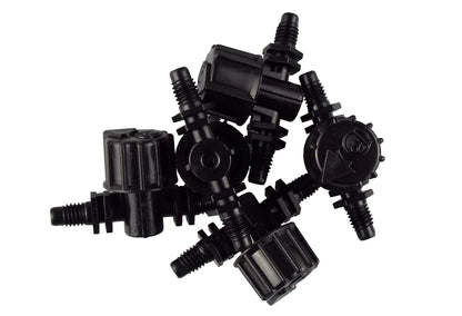 Set of black Vari-Flow valves with threaded ends and central ridged housing