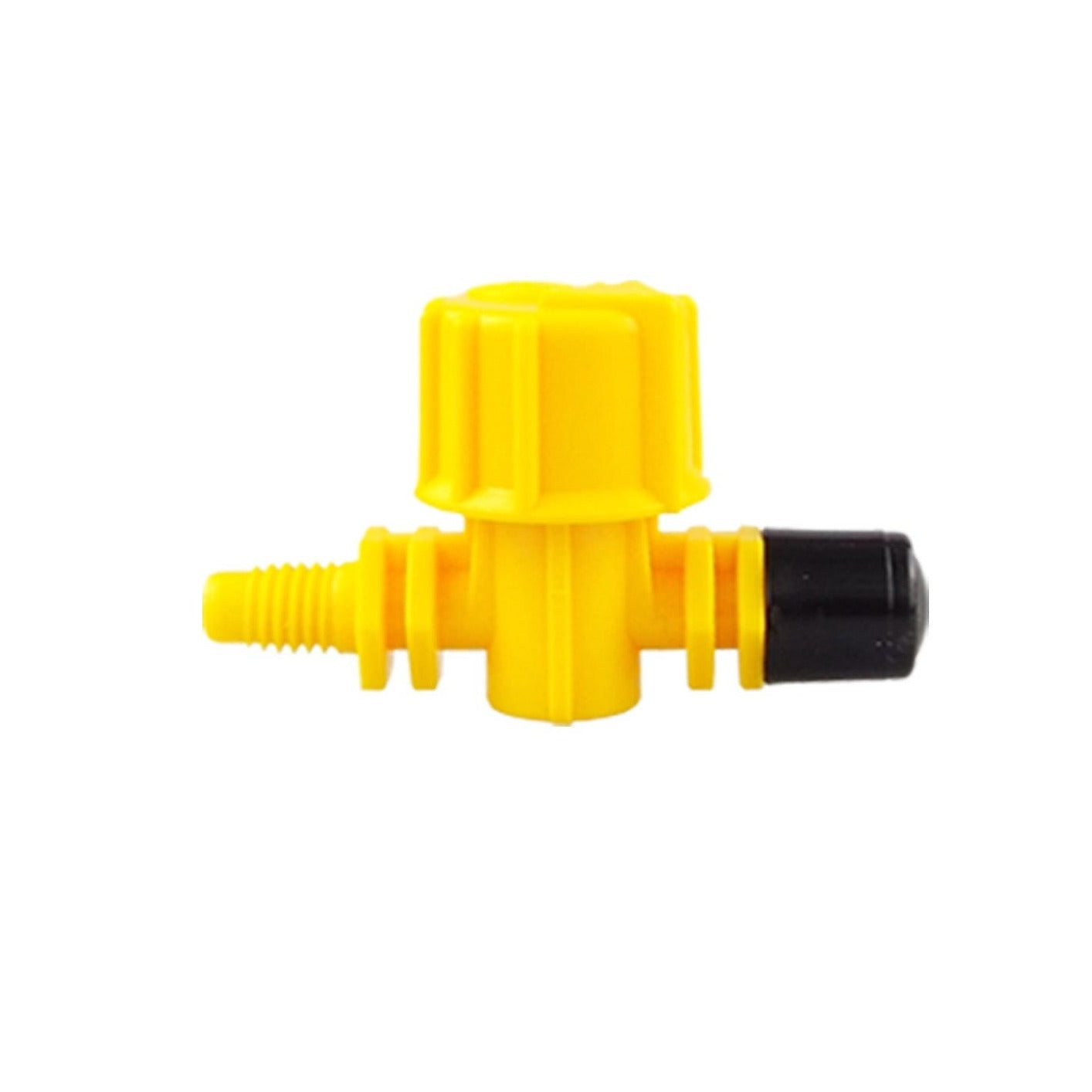 Yellow sprayer valve with black outlet end cap and side thread