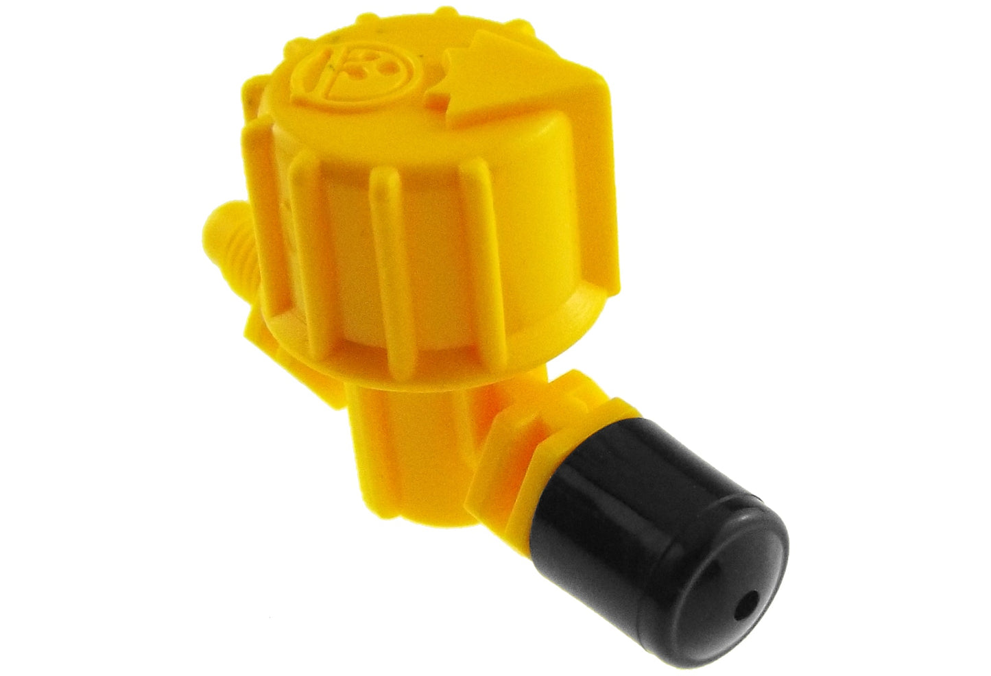 Close-up of yellow sprayer valve with black outlet nozzle