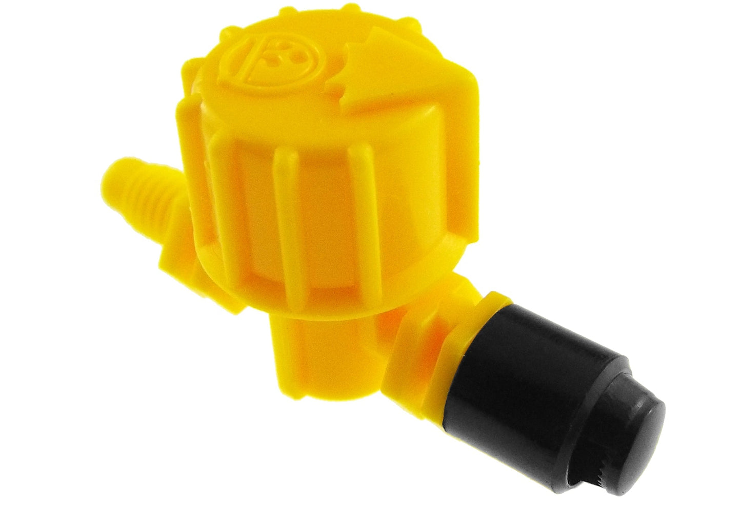 Yellow sprayer nozzle with black outlet, close-up of cap and connector