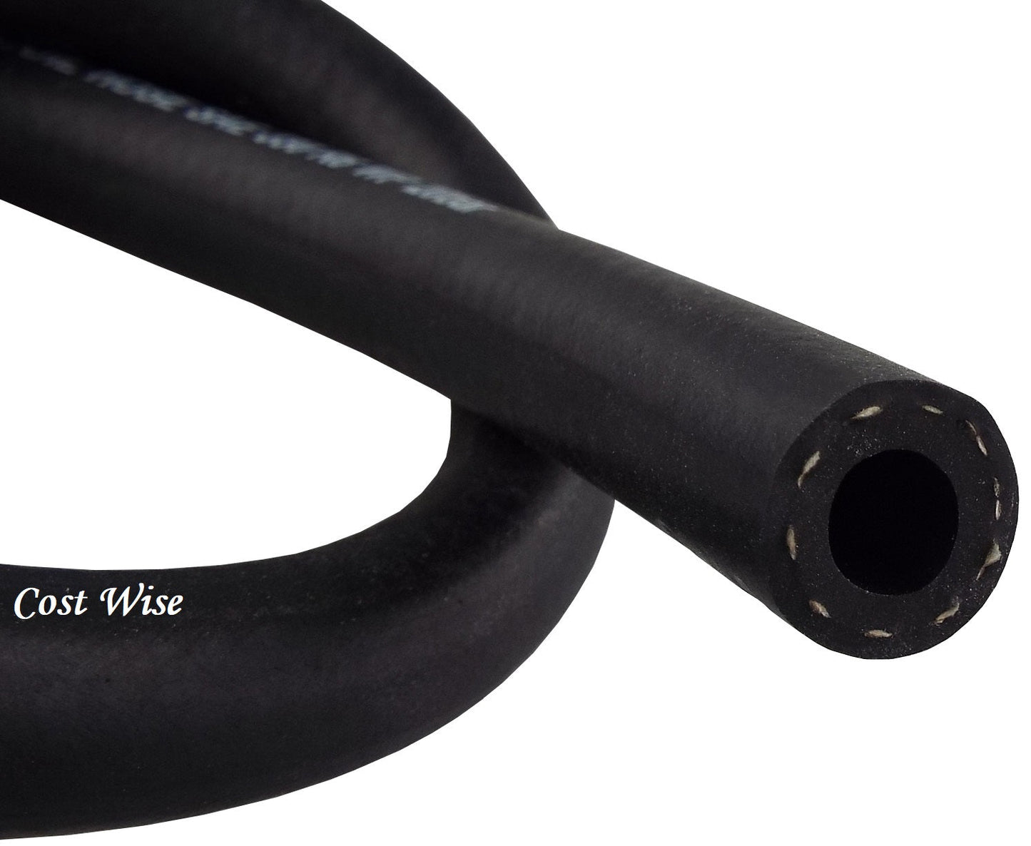 Fuel/oil hose end view, black rubber with interior opening, braided outer texture