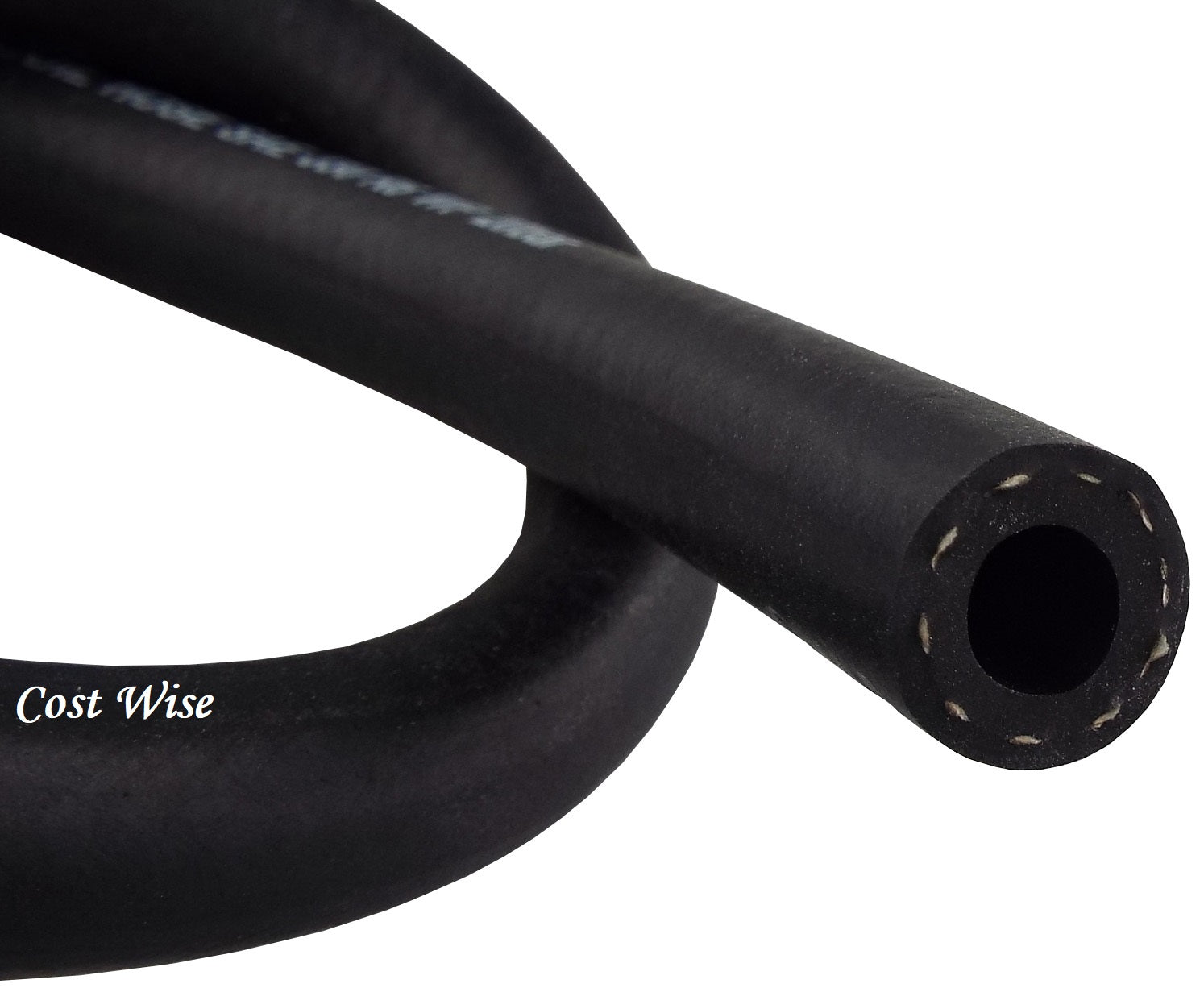 Fuel/oil hose end view, black rubber with interior opening, braided outer texture