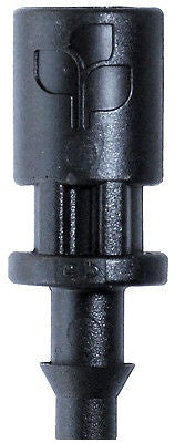 Stake adaptor end view: 4 mm (F) thread port with barb, black plastic fitting