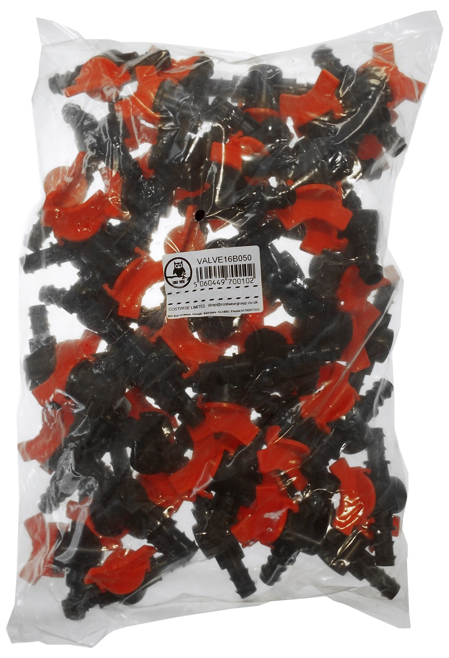 Bag of 1/2" inline irrigation valves, red and black pieces with label
