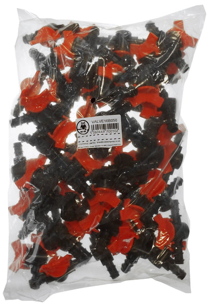 Bag of 1/2" inline irrigation valves, red and black pieces with label