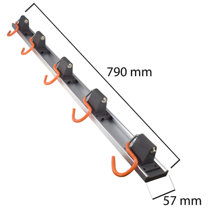Wall-mounted tool rack rail with 5 S hanging hooks, 790 mm long and 57 mm wide