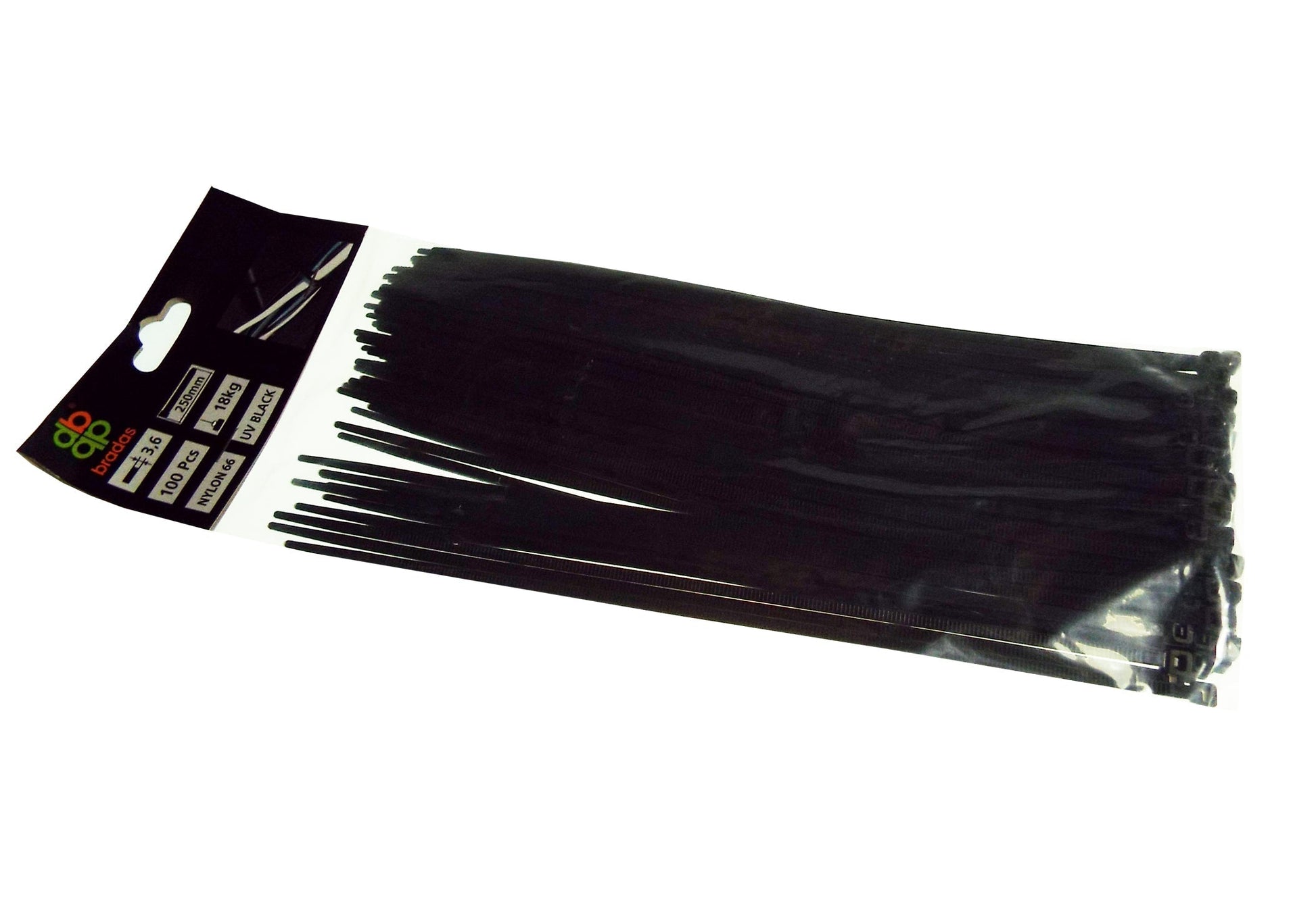 Pack of 100 black cable ties, 3.6mm x 250mm, in plastic bag